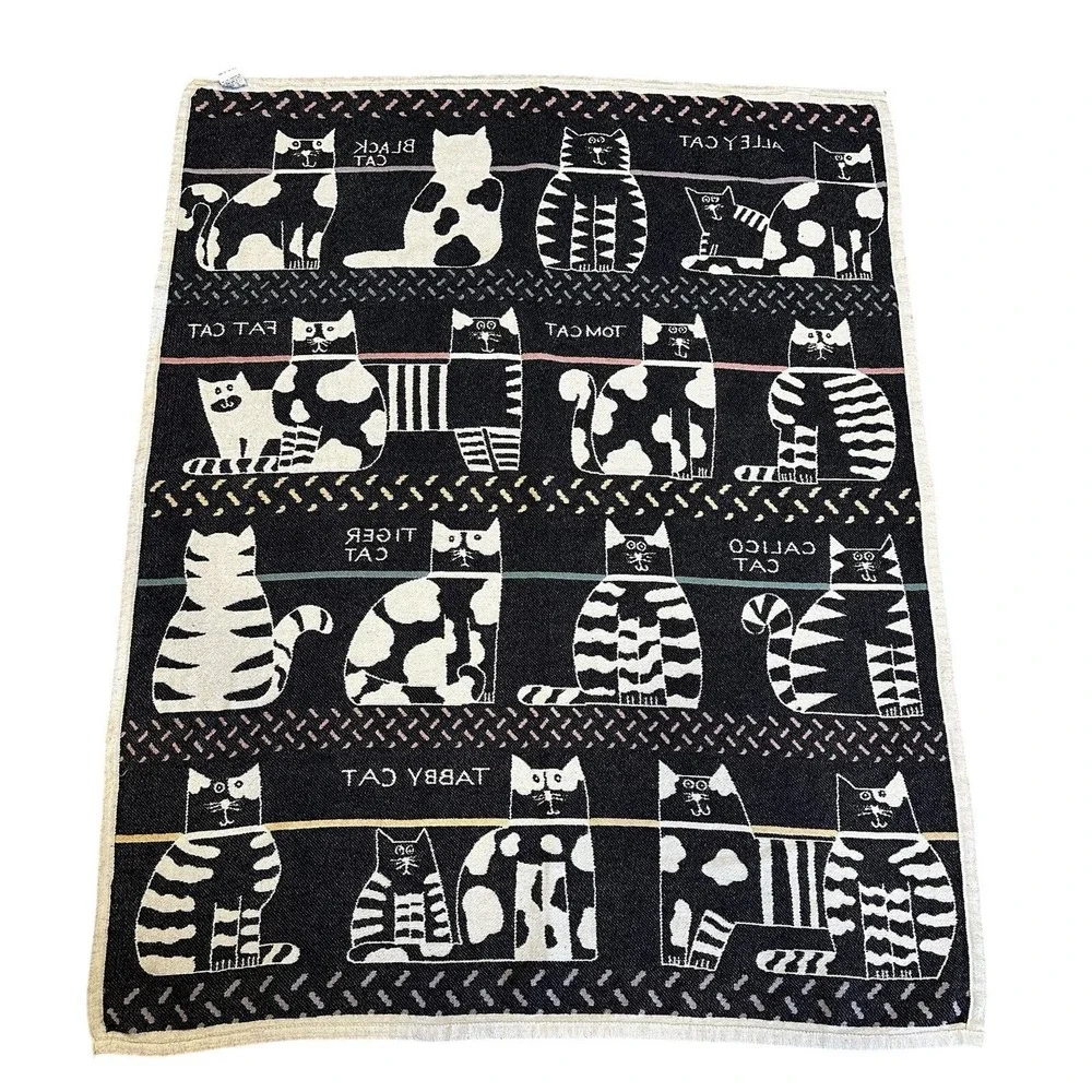Vintage 1988 Pat Meyers Cats Throw Blanket Navy White Cotton 60x45